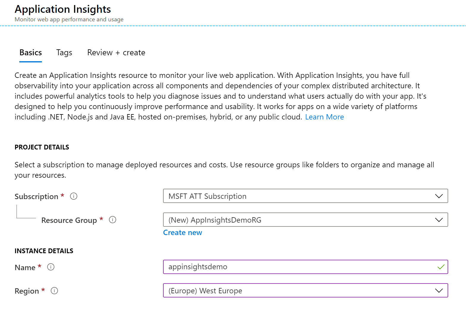 Create Application Insights
