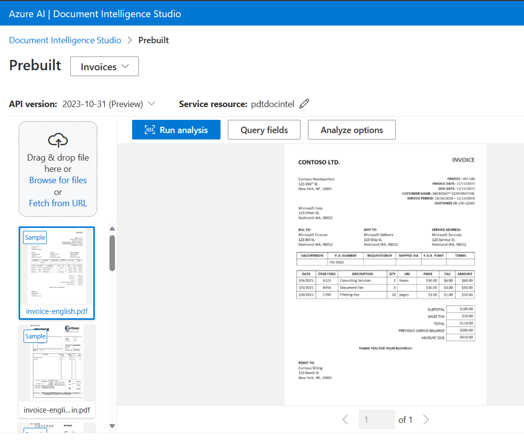 Azure AI Document Prebuilt Invoice Models