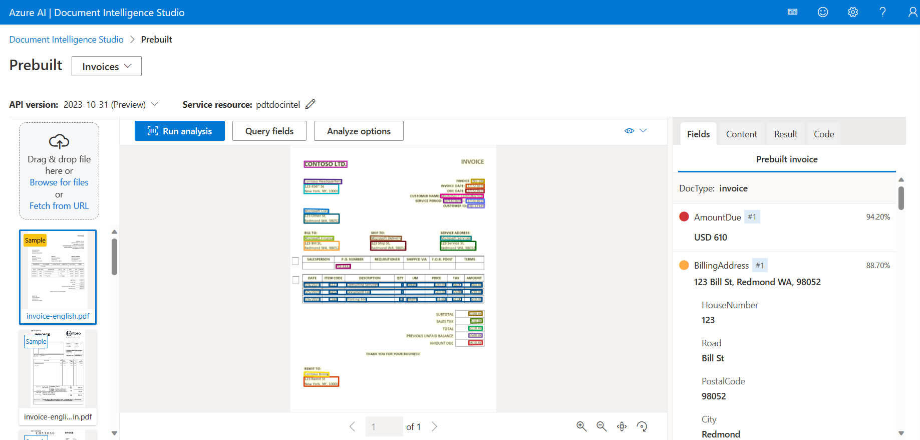 Azure AI Document Prebuilt Invoice Analysis