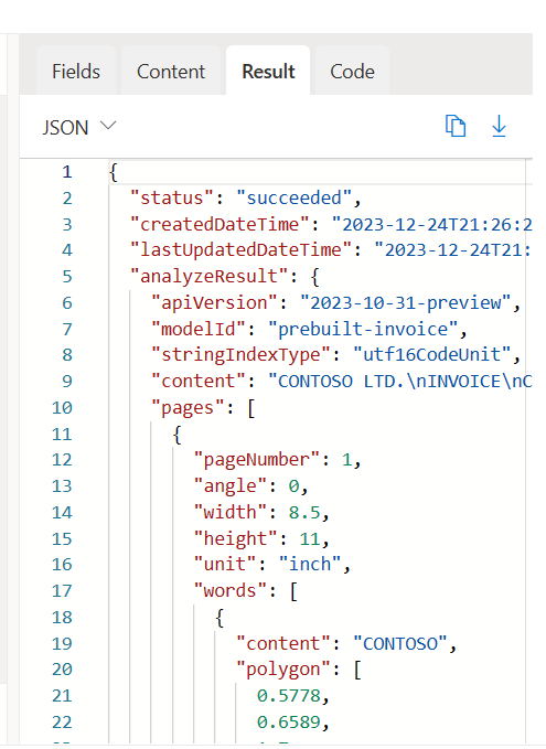 Azure AI Document Prebuilt Invoice Analysis JSON output