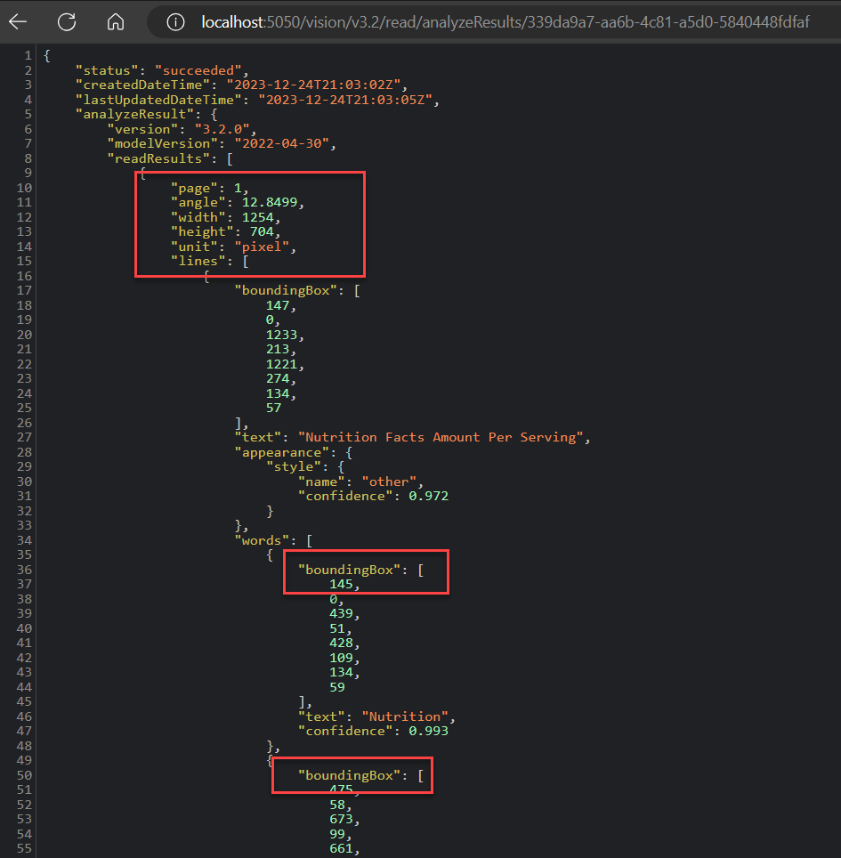 Azure AI Computer Vision Read API JSON Response