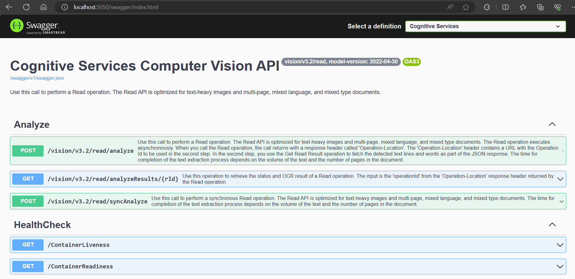 Azure AI Computer Vision Read API Swagger