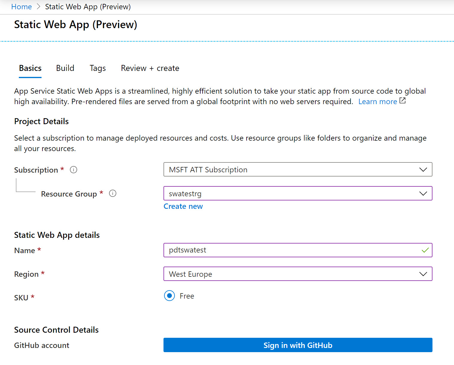 Static Web Site Parameters