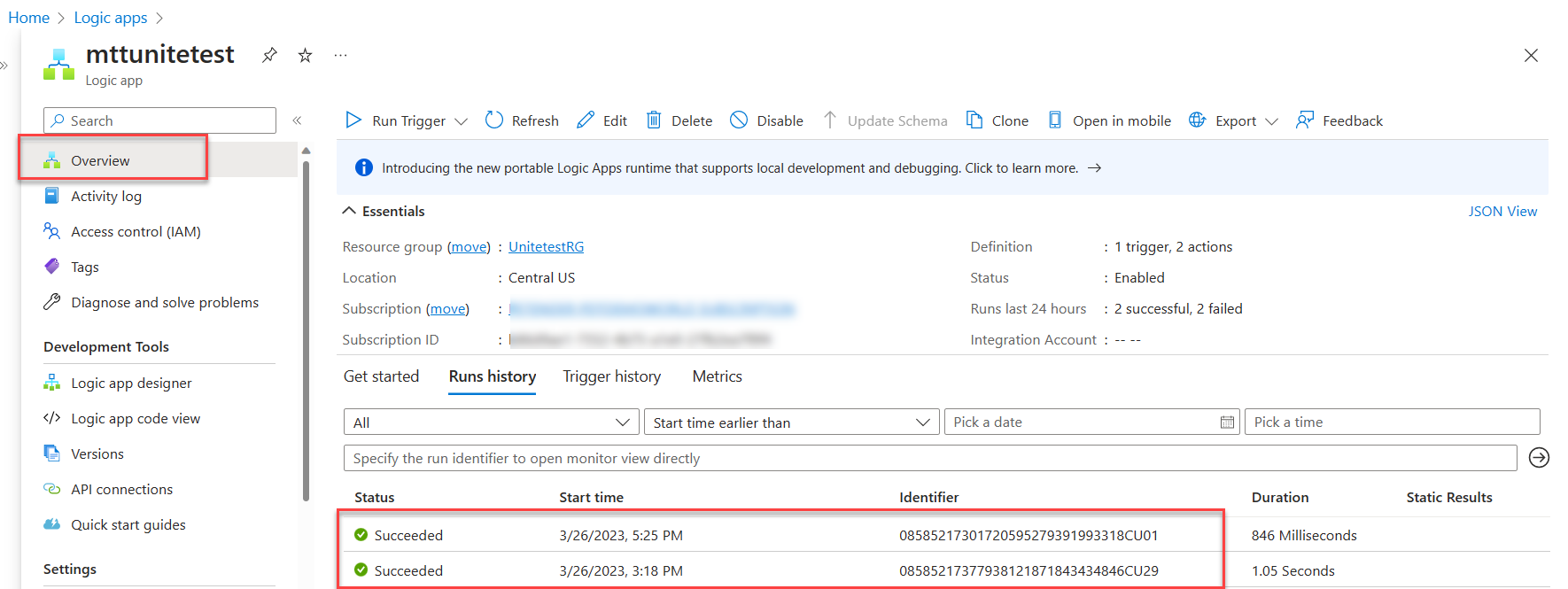 Logic Apps Run History