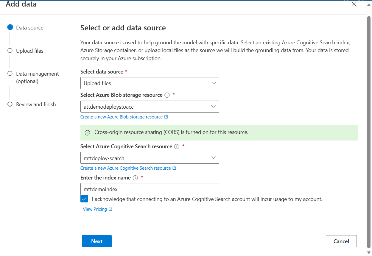 Chat Playground add your own data