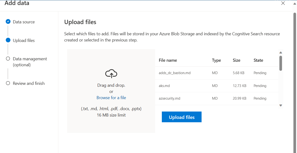 Chat Playground upload files data